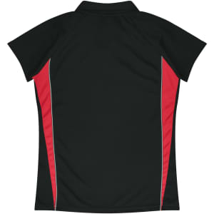 A black polo shirt with red side panels and a collar. Features a logo on the front.