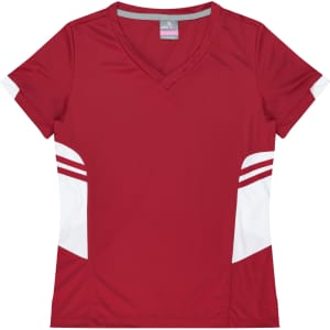 A red T-shirt featuring a V-neck design and white side panels. The shirt includes a logo on the label.