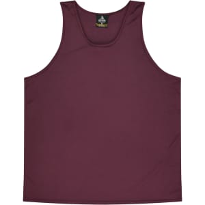 A maroon singlet featuring a simple design and a logo at the neckline.