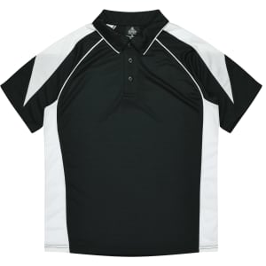 A black and white polo shirt featuring short sleeves, a collared neckline, and a logo on the chest.