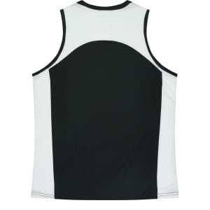 A black and white singlet featuring a round back design and a logo on the front.
