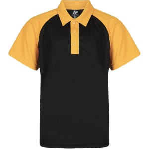A black and yellow polo shirt featuring a collared neck and button placket, with contrasting sleeves.