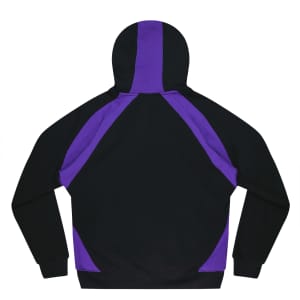 A men's hoodie featuring a black body with purple accent panels and a hood, including a logo.