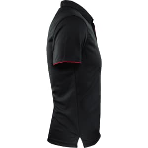 A black polo shirt with a red trim and a logo on the front, featuring short sleeves and a collared neckline.