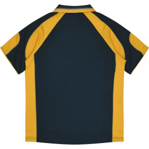 A polo shirt featuring dark green and gold colours, with a logo on the design.