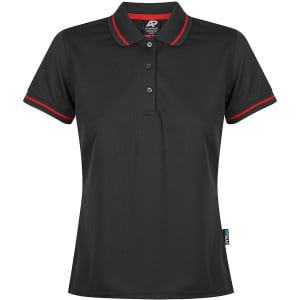 A black polo shirt with red trim, featuring a collar and button closure, along with a logo on the design.