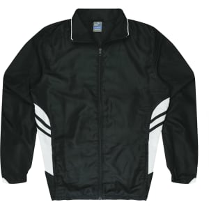A black tracktop featuring white stripe details, with a zip front and a collar. It has a branding logo.