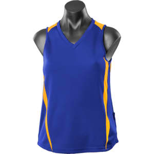 A blue singlet with yellow accents, featuring a v-neck design and a logo. Ideal for activewear or casual use.
