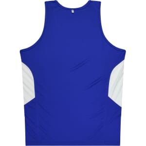 A blue singlet with white side panels, featuring a logo on the back.