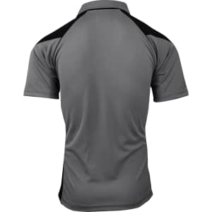 A grey polo shirt featuring black accents and a logo on the back.
