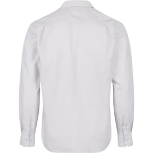 A long-sleeve button-up shirt in light grey with a plain back and cuffed sleeves. It features a logo.