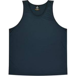 A dark green singlet top featuring a logo, suitable for kids.