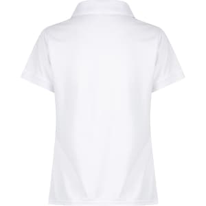 A white polo shirt with a classic collar and short sleeves, featuring a logo on the back.
