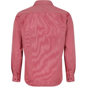 A long-sleeve button-up shirt in a red and white striped pattern, featuring a collar and a logo.