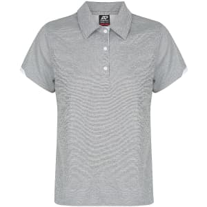 A grey polo shirt with short sleeves and a collar, featuring a branding logo.