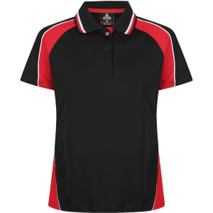 A black polo shirt with red accents and a logo, featuring a classic collar and short sleeves.