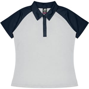 A polo shirt featuring a light grey front and navy blue sleeves, with a collar and button placket.