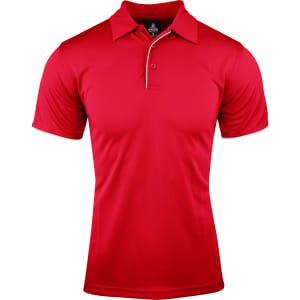 A red polo shirt with a collared neck and short sleeves, featuring a logo on the chest.