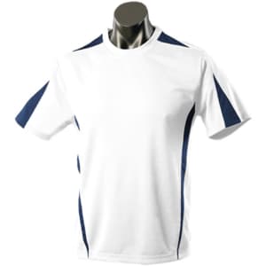 A white T-shirt with navy blue accents on the shoulders and sides, displayed on a mannequin.