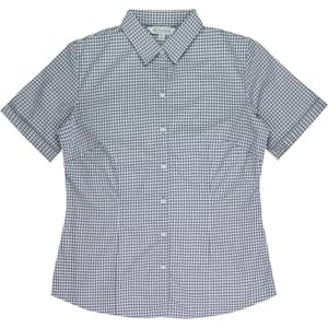 A short-sleeve button-up shirt in a blue and white gingham pattern with a collar and a branded logo.