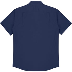 A navy blue short sleeve button-up shirt with a plain back and no visible logos.