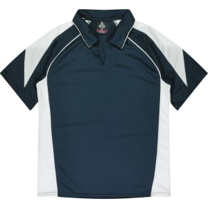 A navy and white polo shirt with a collar and short sleeves, featuring contrasting side panels and a logo.