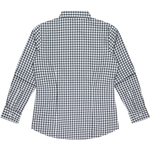 A long sleeve button-up shirt in a checkered pattern featuring navy and white colours. It has a collar and a curved hem.