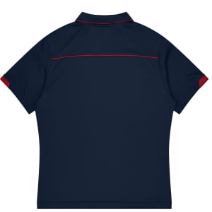 A navy blue polo shirt with red accents and a logo, designed as sports uniform apparel.