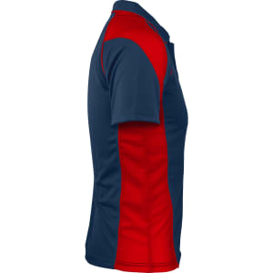 A navy blue polo shirt with red side panels and a logo on the chest.