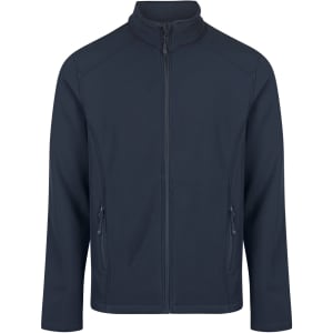 A dark blue soft shell jacket with a zip and two front pockets. It features a simple design and has a logo.