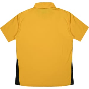 A yellow polo shirt featuring black side panels and a collar, with a logo on the front.