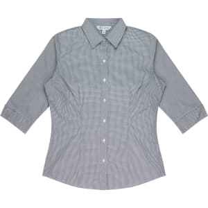 A button-up shirt featuring a grey and white check pattern with 3/4 sleeves and a collar. It has a logo on the label.