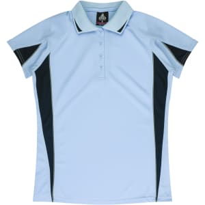 Light blue polo shirt featuring black side panels and a collar, with a logo on the upper back.