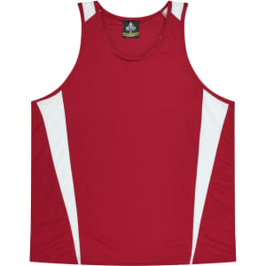 A red singlet with white panel accents and a logo on the neckline. Suitable for casual wear or active use.