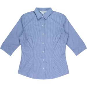 A blue and white checked button-up shirt with 3/4 sleeves and a collar. It has a logo on the chest area.