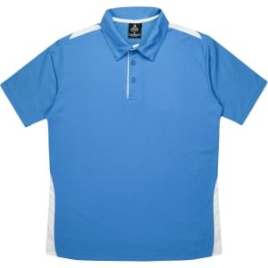 A blue polo shirt featuring white accents, short sleeves, and a collar with three buttons. It has a logo on the tag.