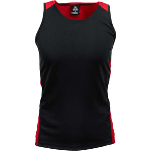 A black singlet with red side panels, featuring a logo on the inside neck.