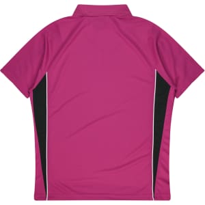 A pink polo shirt with black side panels and a collar, featuring a logo on the back.