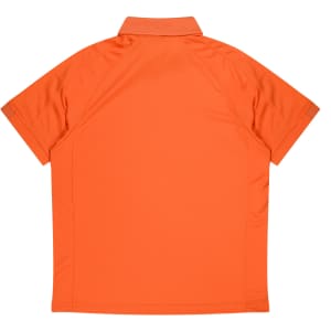 An orange polo shirt, featuring a classic design with a collar and short sleeves, has a branding logo.