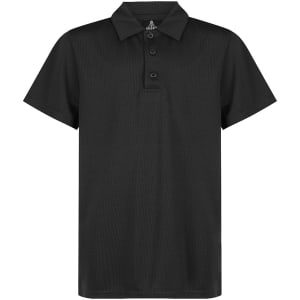 A black polo shirt with a collar and three buttons, featuring a logo on the upper chest area.