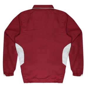 A red tracktop with white panels, featuring elastic cuffs and a collar, and a logo on the back.