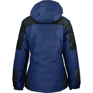 A navy and black jacket with a hood, featuring a sleek design and a logo on the back.