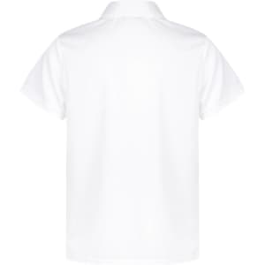 A white polo shirt with a collar and short sleeves, featuring a logo on the back.