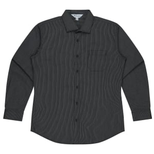 A long sleeve button-up shirt in dark grey with a subtle striped pattern and a front pocket. Features branding.