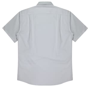 A short-sleeve button-up shirt in light grey, featuring a back yoke and a logo on the side.
