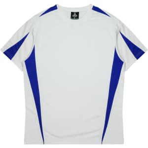 A white t-shirt with blue contrasting panels on the shoulders and sides. It features a reflective logo.