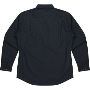 A long sleeve button-up shirt in dark colour with a plain back and button detailing. It features a brand logo.