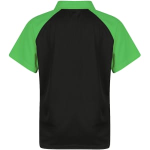 A black polo shirt with green sleeves and a logo on the back.