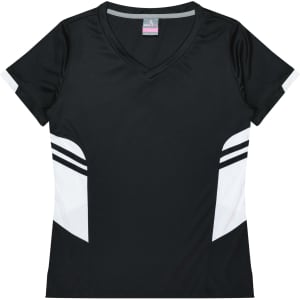 A black women's t-shirt featuring white side panels and a v-neck design, with a logo on the chest area.