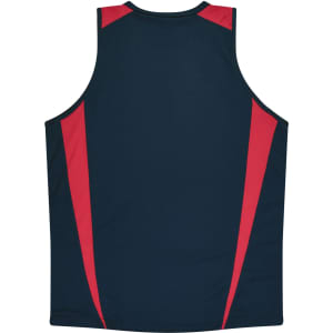 A dark blue singlet with red side stripes and a logo on the back.